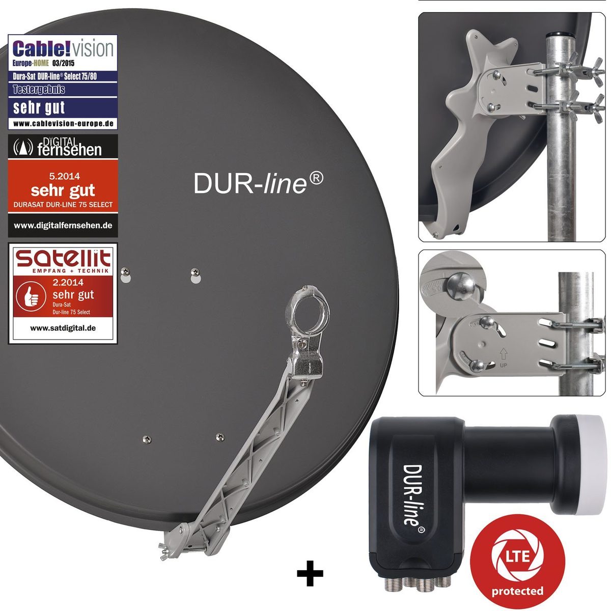 DUR-line 4-Teilnehmer Sat-Anlage | Set bestehend aus DUR-line Select 75/80 anthrazit + DUR-line +Ultra Quad LNB