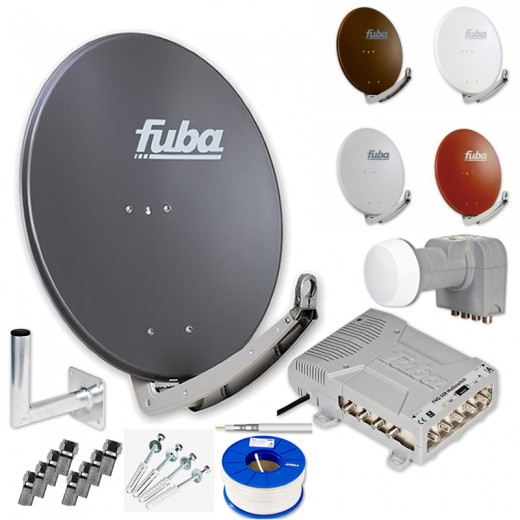 Fuba HD Sat-Anlage 8 Teilnehmer | Sat Komplettset - Fuba DAA 780 Satellitenschüssel 80cm Alu + DEK 407 Quattro LNB + Fuba Profi Multischalter 8 Teilnehmer + Alu Wandhalter + 100m Koaxialkabel