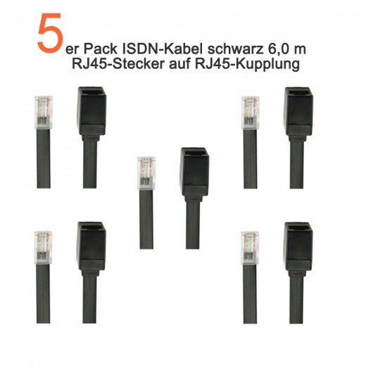 RJ45 Verlängerungskabel RJ45-Stecker/Kupplung 6 Meter schwarz - ISDN-Kabel, vergoldete Kontakte, 5-er Pack