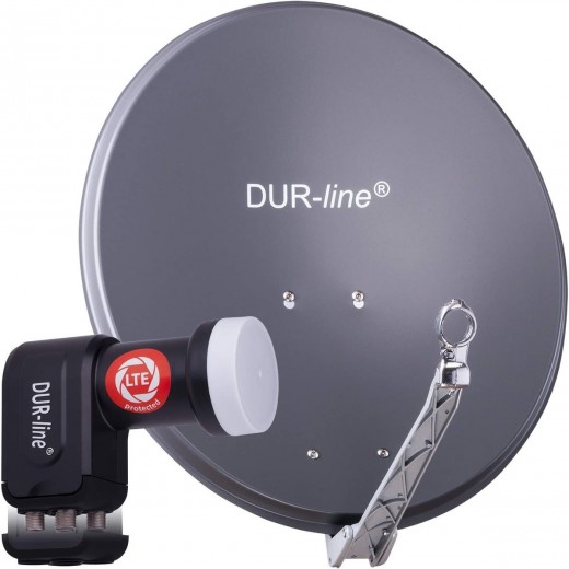 DUR-line 4 Teilnehmer Satelliten Komplettanlage | bestehend aus DUR-line Select 60/65 A Satellitenschüssel Alu anthrazit + DUR-line +Ultra Quad LNB 4 Teilnehmer (neuste Technik, DVB-S2, 4K, 3D)