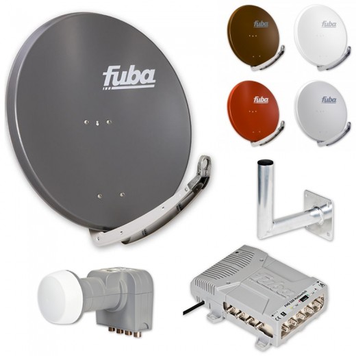 Fuba HD Sat-Anlage 8 Teilnehmer | Fuba DAA 850 in Wunschfarbe + DEK 407 Quattro LNB + Fuba FMQ 508 Profi-Multischalter + Winkelwandhalter