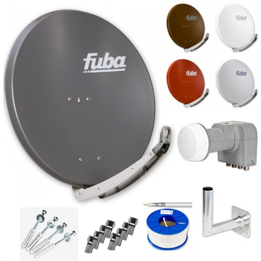 Fuba Digital Sat-Anlage 4 Teilnehmer | Sat Komplettset - Fuba DAA 850 Satellitenschüssel 85cm Alu + DEK 417 Quad LNB 4 Teilnehmer + Alu Winkelwandhalter + 100m Koaxialkabel