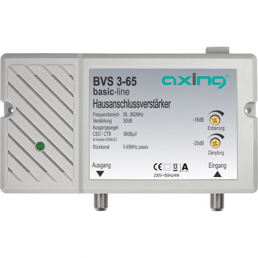 Axing BVS 3-65 CATV-Verstärker 30 dB regelbar - Rückkanal 5-65 MHz - 98 dBµV (für DVB-C, UKW, DAB+, DVB-T und DVB-T2 geeignet) - BK-Verstärker