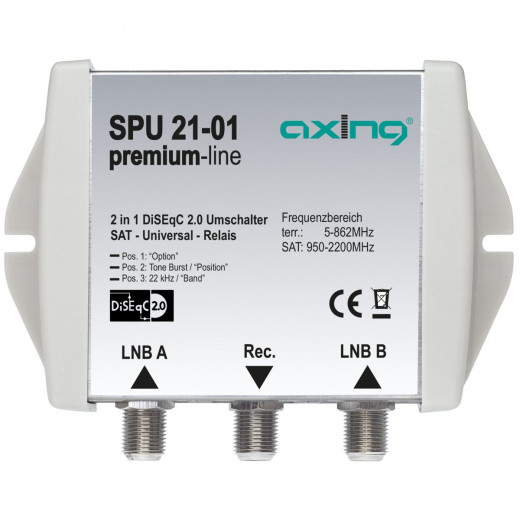 Axing SPU 21-01 DiSEqC Schalter 2/1 premium-line | Sat Universal Umschalter 2 in 1, 1 Teilnehmer, 2 Satelliten, Umschaltung wählbar