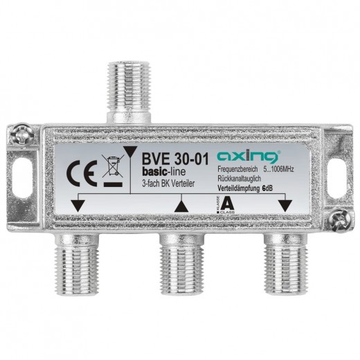 Axing BVE 30-01 BK-Verteiler 3-fach basic-line | für Kabelfernsehen und DVB-T2 HD, 5 bis 1006 MHz, rückkanaltauglich