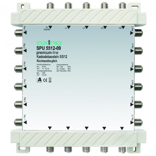 Axing SPU 5512-09 premium-line Kaskadenbaustein 12 Teilnehmer passiv | 5 in 12, kaskadierbar, HDTV-, 4K-, 3D-tauglich