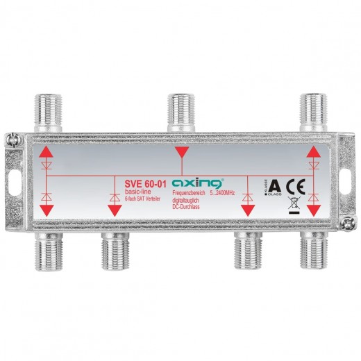 Axing SVE 60-01 Sat-Verteiler 6-fach basic-line | für Satellitenanlagen und DVB-T2 HD, 5 bis 2400 MHz, Unicable-tauglich, DC-Durchlass, DC-diodenentkoppelt
