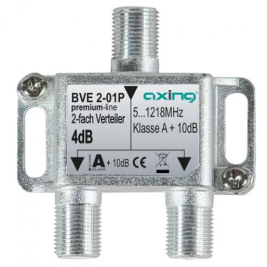 Axing BVE 2-01P BK-Verteiler 2-fach premium-line | für Kabelfernsehen und terrestrischen Empfang (UKW, DAB+, DVB-T2 HD), 5 bis 1218 MHz, rückkanaltauglich, Multimedia-tauglich, Vodafone gelistet