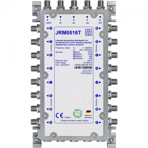 Jultec JRM 0516T Sat Multischalter 16 Teilnehmer | 1 Satellit, Endkaskade, DVB-T/T2- und DVB-C/Docsis-Verteilung, stromsparend