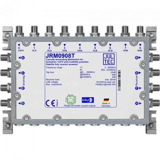 Jultec JRM 0908T Sat-Multischalter 8 Teilnehmer | 2 Satelliten, Endkaskade, DVB-T/T2- und DVB-C/Docsis-Verteilung, stromsparend