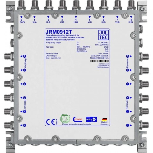 Jultec JRM 0912T Sat-Multischalter 12 Teilnehmer | 2 Satelliten, Endkaskade, DVB-T/T2- und DVB-C/Docsis-Verteilung, stromsparend