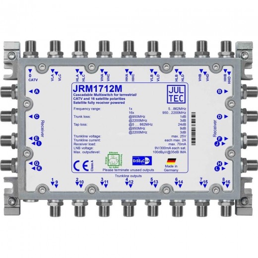 Jultec JRM 1712M Sat-Multischalter 12 Teilnehmer | 4 Satelliten, kaskadierbar, DVB-T/T2- und DVB-C/Docsis-Verteilung, stromsparend
