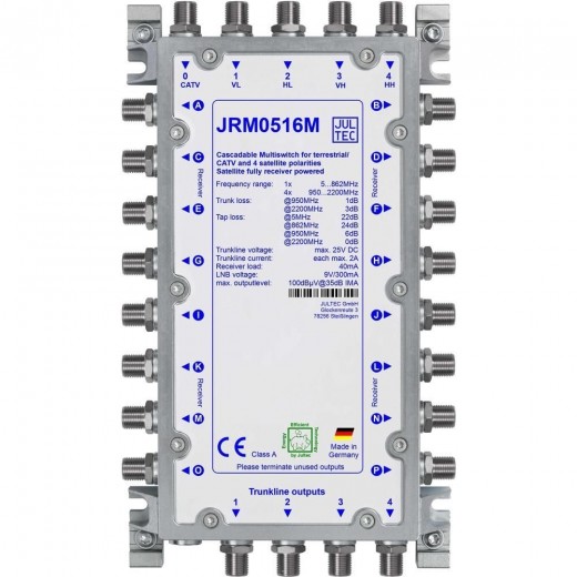 Jultec JRM 0516M Sat Multischalter 16 Teilnehmer | 1 Satellit, kaskadierbar, DVB-T/T2- und DVB-C/Docsis-Verteilung, stromsparend