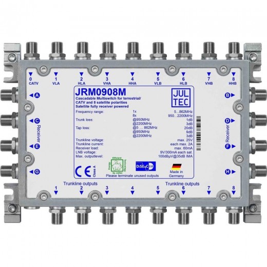 Jultec JRM 0908M Sat-Multischalter 8 Teilnehmer | 2 Satelliten, kaskadierbar, DVB-T/T2- und DVB-C/Docsis-Verteilung, stromsparend