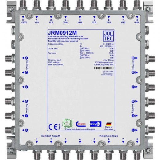 Jultec JRM 0912M Sat-Multischalter 12 Teilnehmer | 2 Satelliten, kaskadierbar, DVB-T/T2- und DVB-C/Docsis-Verteilung, stromsparend