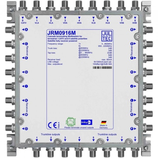Jultec JRM 0916M Sat-Multischalter 16 Teilnehmer | 2 Satelliten, kaskadierbar, DVB-T/T2- und DVB-C/Docsis-Verteilung, stromsparend