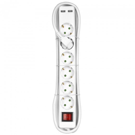 Heitech 04003577 Schutzkontakt Tisch-Steckdosenleiste 6-fach + 2x USB weiß, 1,4m Kabel, Kindersicherung, Netzschalter beleuchtet