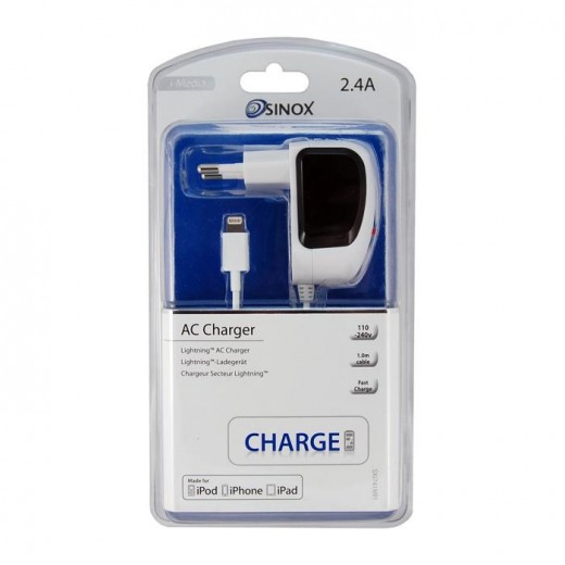 Sinox SXI 741 MFI Apple lizenziertes Ladegerät inkl. 1,00m Lightning-Anschlusskabel 2,4 Ah weiß für iPhone 5, iPad 4 und iPad AIR
