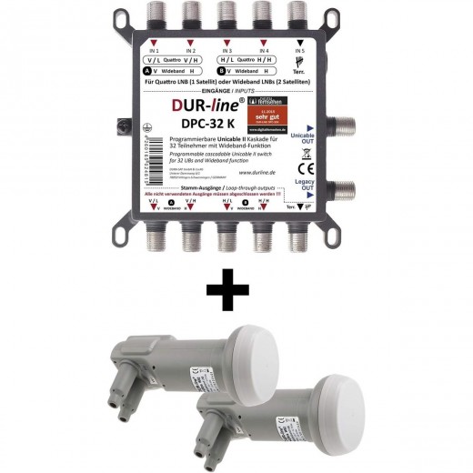 DUR-line DPC-32 K LNB Multischalter Set - 32 Teilnehmer/2 Satelliten - Unicable 1+2 Multischalter 32 Teilnehmer + 2x Wideband LNB - Einkabellösung