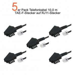 5-er Pack Telefonkabel 10 Meter schwarz TAE-F-Stecker auf 6P4C RJ11-Stecker ( 4-polig belegt ) | deutsche Norm