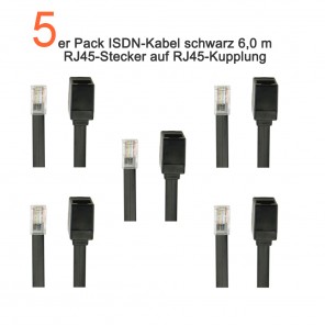 RJ45 Verlängerungskabel RJ45-Stecker/Kupplung 6 Meter schwarz - ISDN-Kabel, vergoldete Kontakte, 5-er Pack