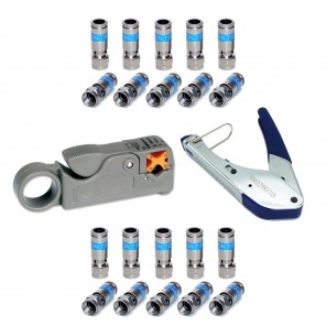 F-Kompressionsstecker-Set bestehend aus 20 Stück Cabelcon F-56 CX3 7.0 QM, Abisolierer und Kompressionszange