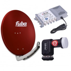 Sat Anlage 8 Teilnehmer | Komplettset - Fuba DAA 780 R Satellitenschüssel 80cm Alu rot + DUR-line Quattro LNB + DUR-line MS 5/8 G-HQ Sat Multischalter 8 Teilnehmer (DVB-S2, HDTV, UHD 4K/8K)