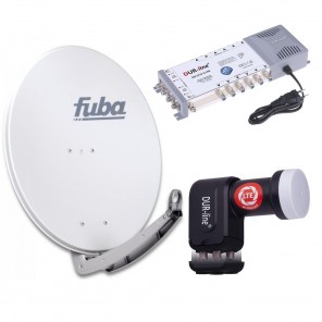 Sat Anlage 12 Teilnehmer | Komplettset - Fuba DAA 780 G Satellitenschüssel 80cm Alu hellgrau + DUR-line Quattro LNB + DUR-line MS 5/12 G-HQ Sat Multischalter 12 Teilnehmer (DVB-S2, HDTV, UHD 4K/8K)