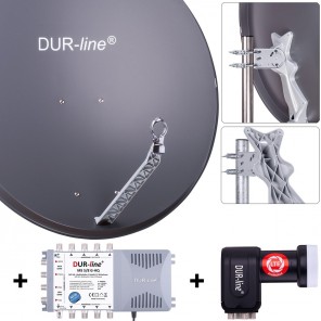 DUR-line Komplettset 8 Teilnehmer | DUR-line Select 85/90A Alu Satellitenschüssel 85cm/90cm anthrazit + Quattro LNB + Multischalter 8 Teilnehmer (DVB-S2, 4K, 3D)