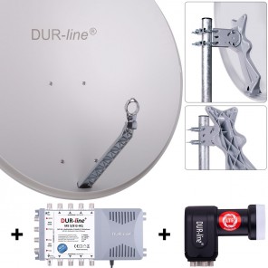 DUR-line Komplettset 8 Teilnehmer | DUR-line Select 85/90G Alu Satellitenschüssel 85cm/90cm hellgrau + Quattro LNB + Multischalter 8 Teilnehmer (DVB-S2, 4K, 3D)
