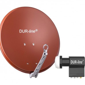 DUR-line 7 Teilnehmer Unicable-Set - Satelliten Komplettanlage | DUR-line Select 60/65 R Satellitenschüssel Alu rot + DUR-line UK 104 Unicable LNB  für 7 Receiver/TV (DVB-S2, UHD 4K/8K, 3D)