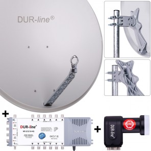 DUR-line Sat-Anlage 12 Teilnehmer Komplettset | DUR-line Select 85/90G Alu Satellitenschüssel 85cm/90cm hellgrau + Quattro LNB + Multischalter 12 Teilnehmer (DVB-S2, 4K, 3D)