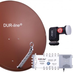 DUR-line Sat-Anlage 12 Teilnehmer Komplettset | DUR-line Select 85/90R Alu Satellitenschüssel 85cm/90cm ziegelrot + Quattro LNB + Multischalter 12 Teilnehmer (DVB-S2, 4K, 3D)