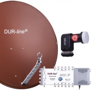 DUR-line Sat-Anlage 12 Teilnehmer Komplettset | DUR-line Select 85/90R Alu Satellitenschüssel 85cm/90cm ziegelrot + Quattro LNB + Multischalter 12 Teilnehmer (DVB-S2, 4K, 3D)