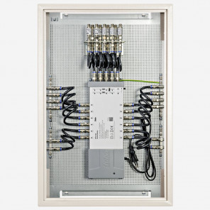 Fuba FMP 9121 SL Multischalter-Paneel | Multischalter 12 Teilnehmer, zwei Satelliten, komplett vormontiert im Montageschrank mit Erdung/Potentialausgleich/Überspannungsschutz, EN/VDE-konform, erweiterbar