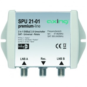 Axing SPU 21-01 DiSEqC Schalter 2/1 premium-line | Sat Universal Umschalter 2 in 1, 1 Teilnehmer, 2 Satelliten 